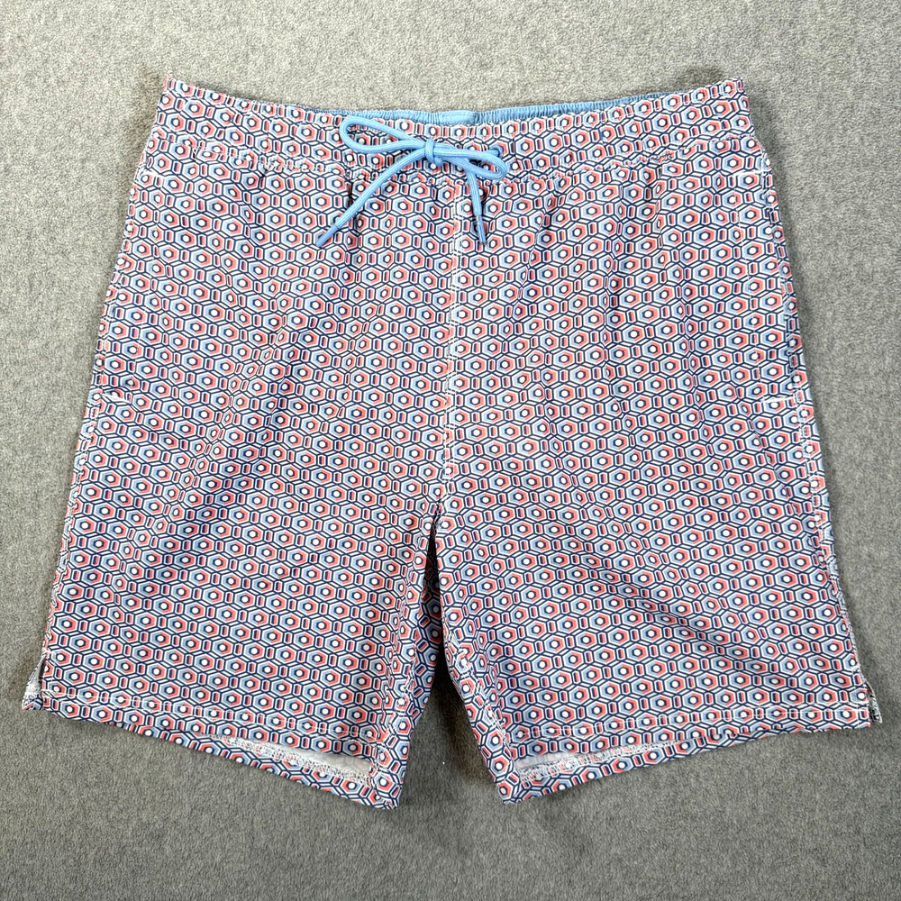 Johnston & Murphy Swim Trunks Men's Medium Blue/Pink Geometric Drawstring 7" Ins